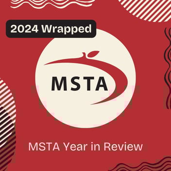 The text "2024 Wrapped MSTA Year in Review" over an abstract red, white, and black background