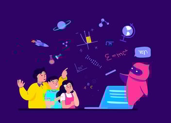 Cartoon people stand in front of a purple background with random education symbols behind them. A pink robot floats next to an open laptop