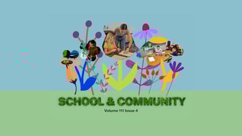 The text "School & Community Vol. 111 Issue 4" in green grass with animated flowers and photos above