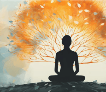 The shadow of a woman sitting on the ground with orange branches seemingly growing out of her into a tree