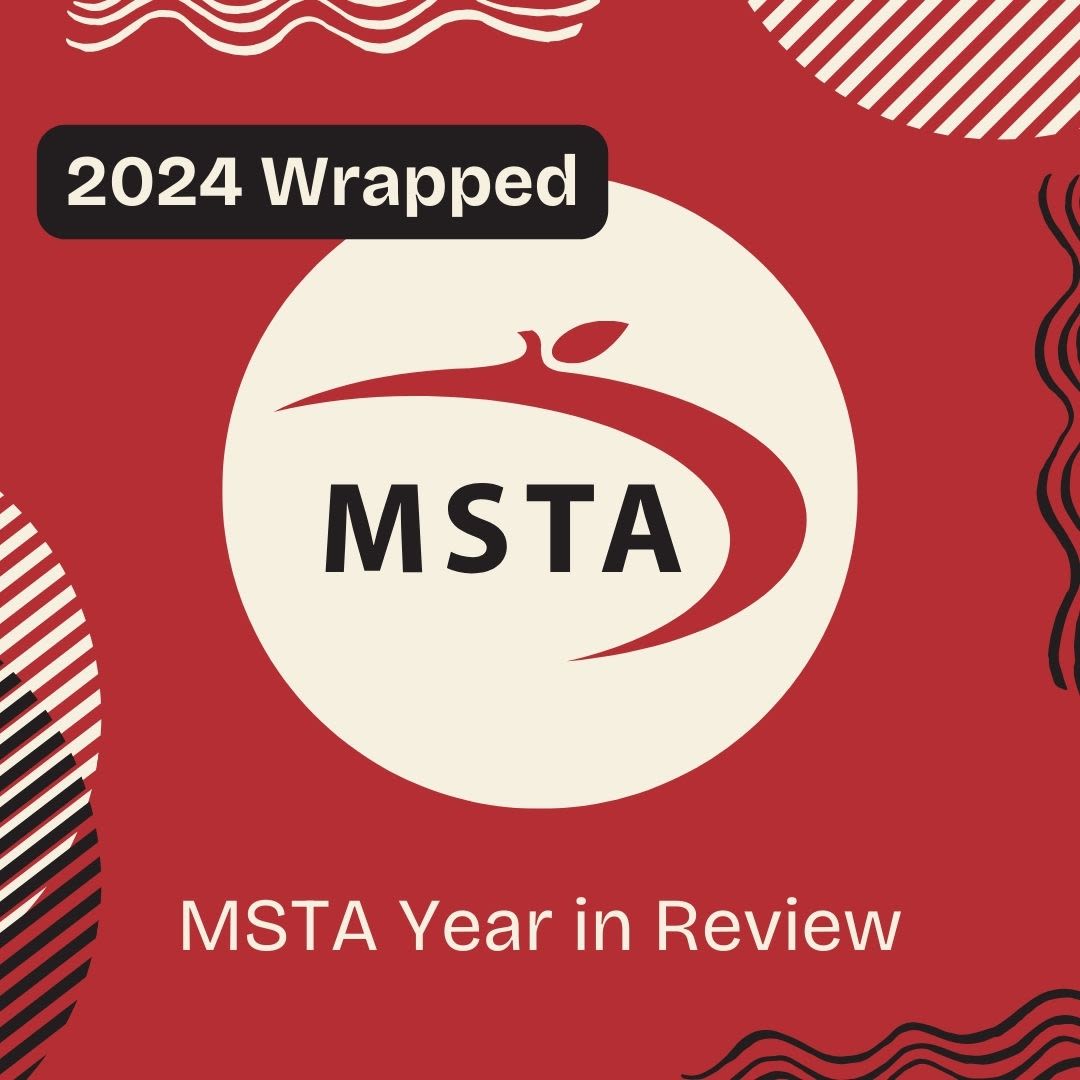 The text "2024 Wrapped MSTA Year in Review" over an abstract red, white, and black background