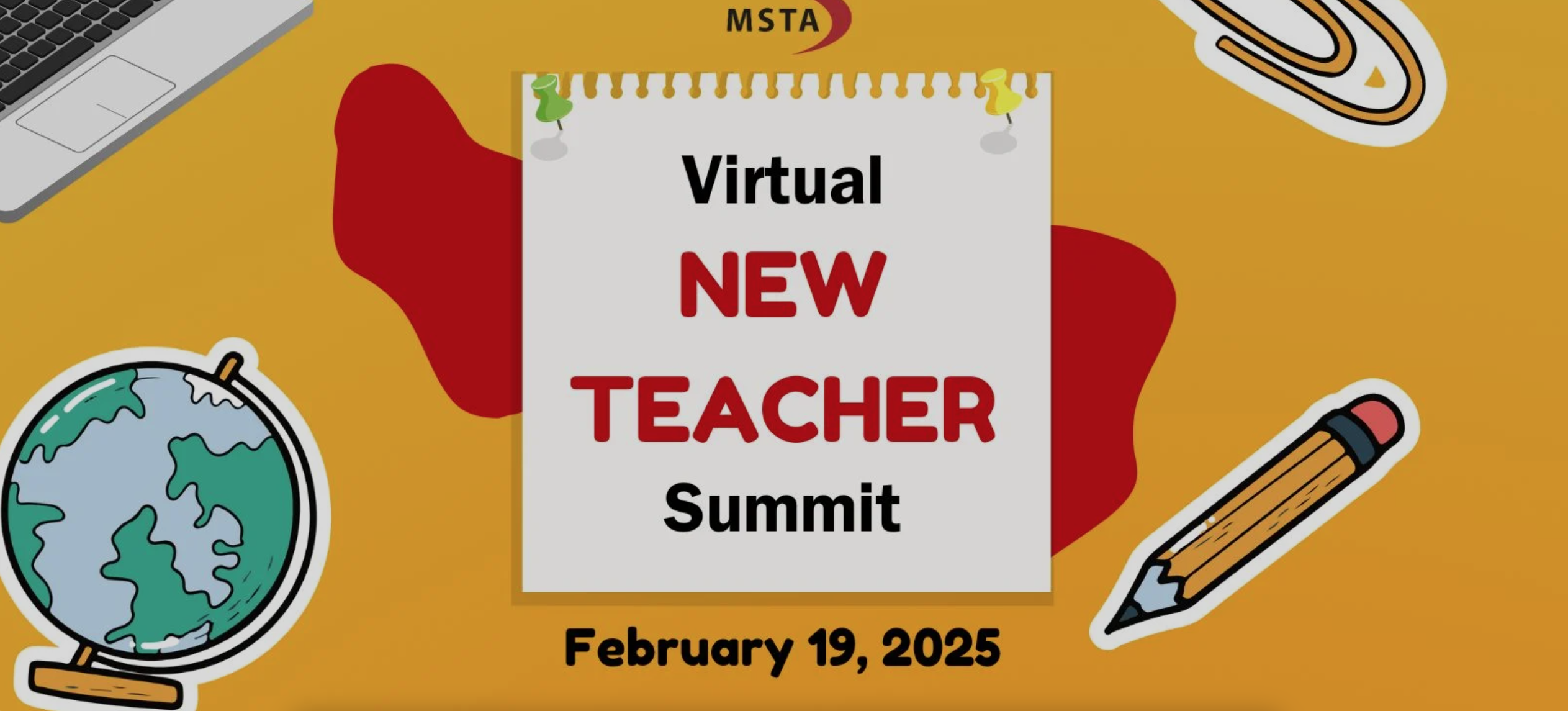 The text "Virtual New Teacher Summit February 19, 2025" on a piece of paper over a red and yellow background