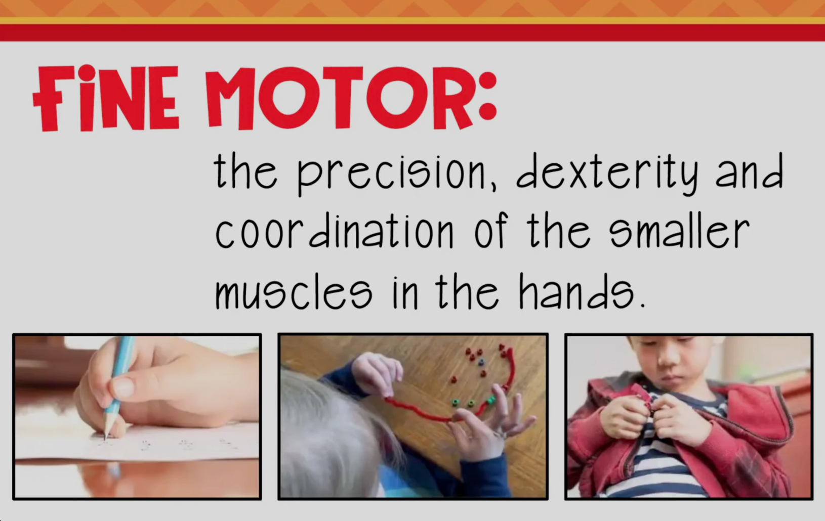 A slide with the text "Fine Motor: the precision, dexterity and coordination of the smaller muscles in the hands." above three photos of children using fine motor skills by writing, using beads, and using a zipper