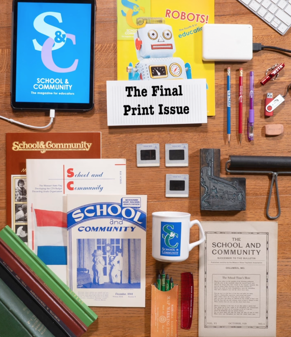 Old MSTA "School & Community" magazine issues are laid on a table next to a digital "S&C" logo on an iPad