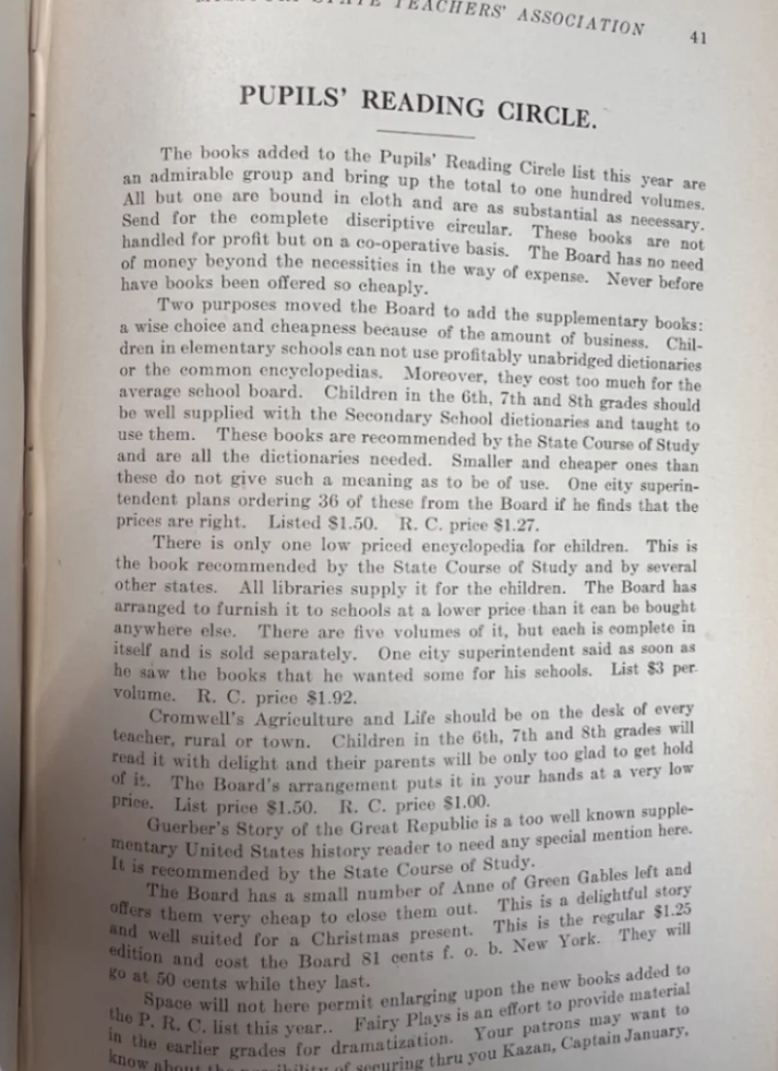 Faded words on text with the title "1915 Pupil's Reading Circle"