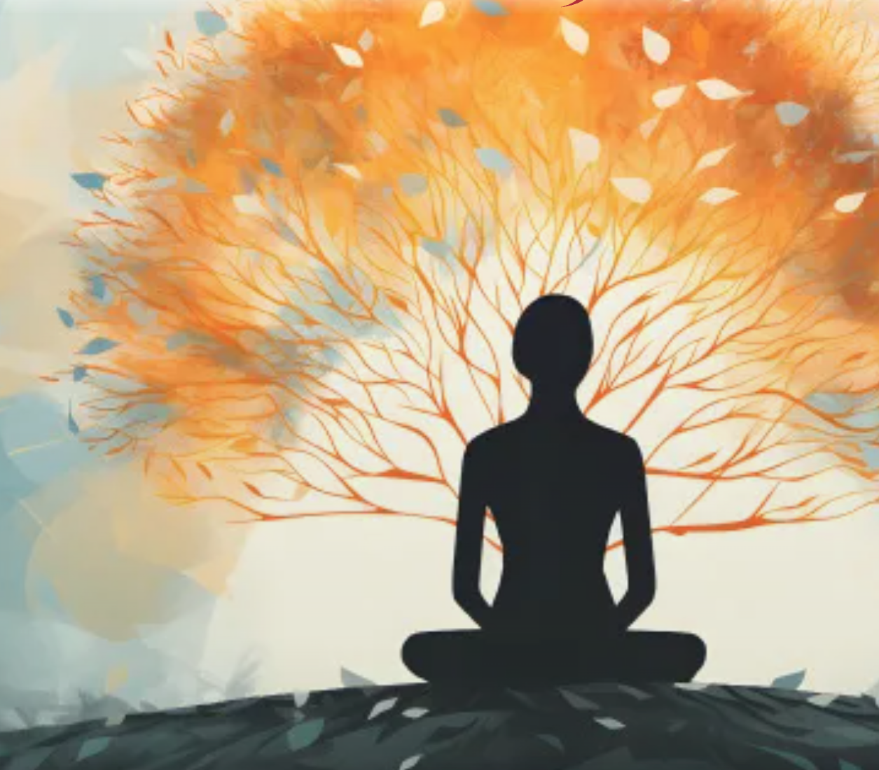The shadow of a woman sitting on the ground with orange branches seemingly growing out of her into a tree