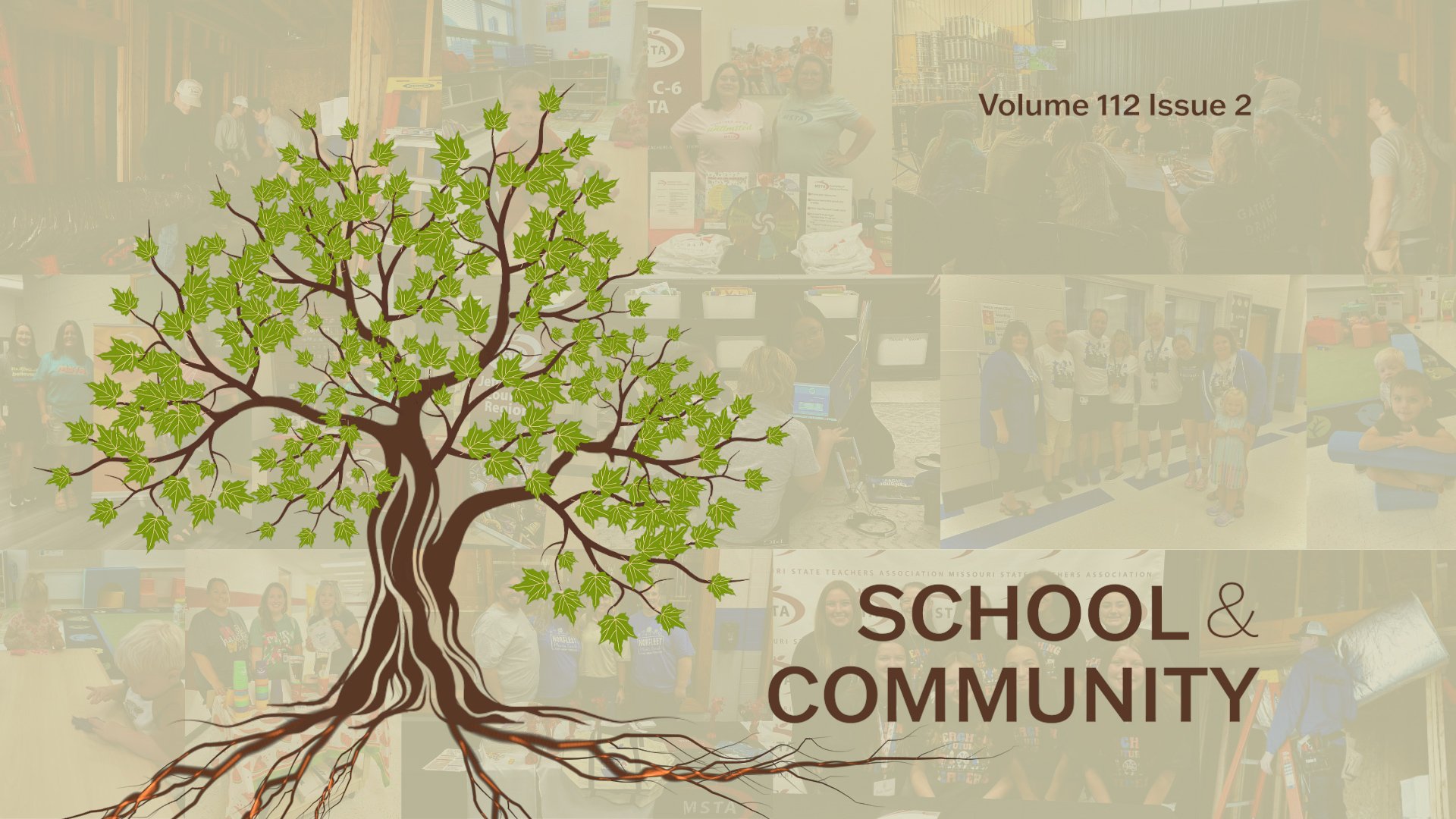 Tree with photos in the background and the text "School & Community"