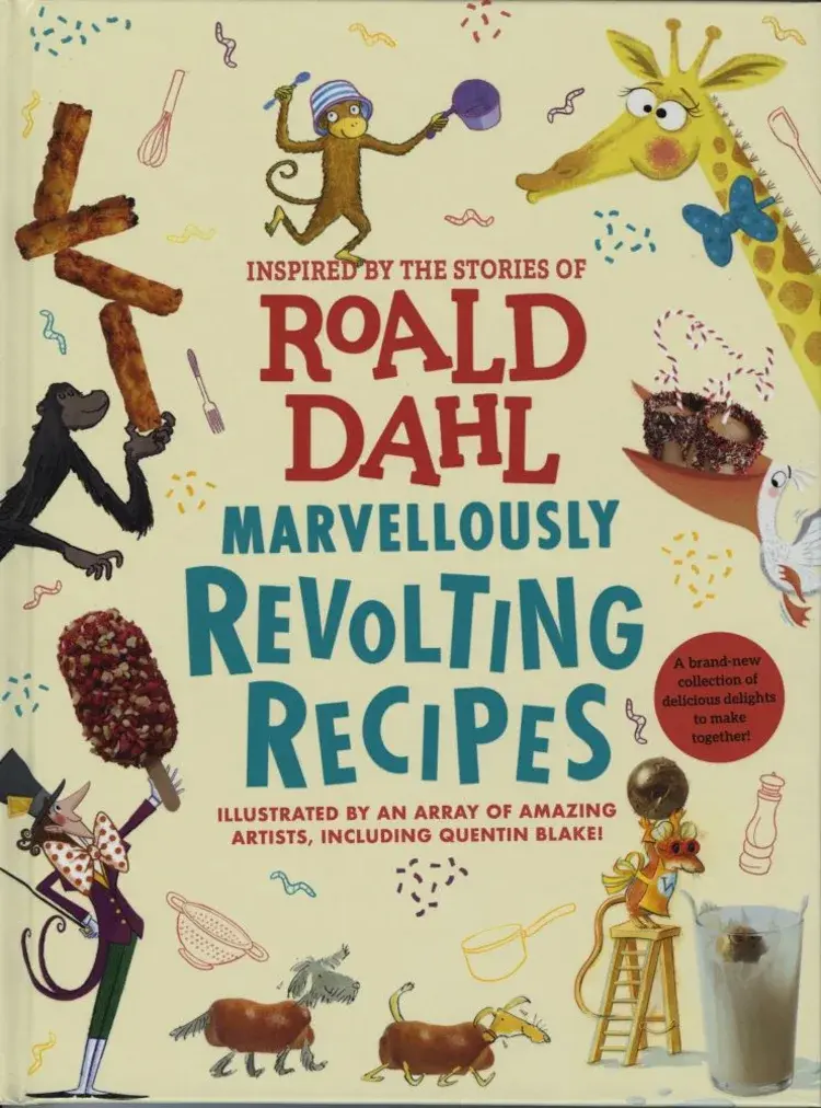 A book cover of Roald Dahl's "Marvellously Revolting Recipes" with cartoon animals and bits of food surrounding the text